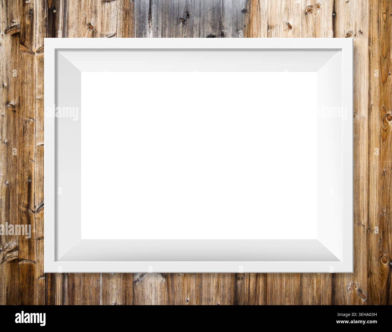 Mockup con cornice bianca vuota. Modelli di cornice fotografica vuoti su sfondi in legno rustico Foto Stock