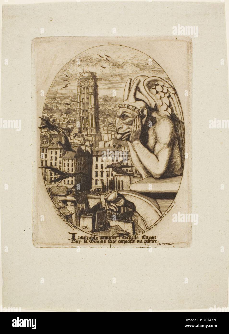 Il vampiro di Charles Meryon, 1853 anni, una figura demoniaca alata che si affaccia su un vasto paesaggio urbano medievale con un'imponente torre della cattedrale Foto Stock