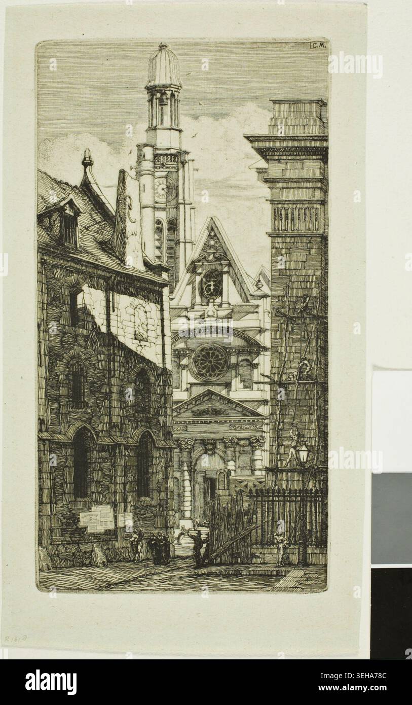 Chiesa di St. Etienne du Mont, Parigi di Charles Meryon, 1852, raffigurante la facciata gotica della chiesa vista da una stretta strada con edifici circostanti e piccole figure sotto Foto Stock