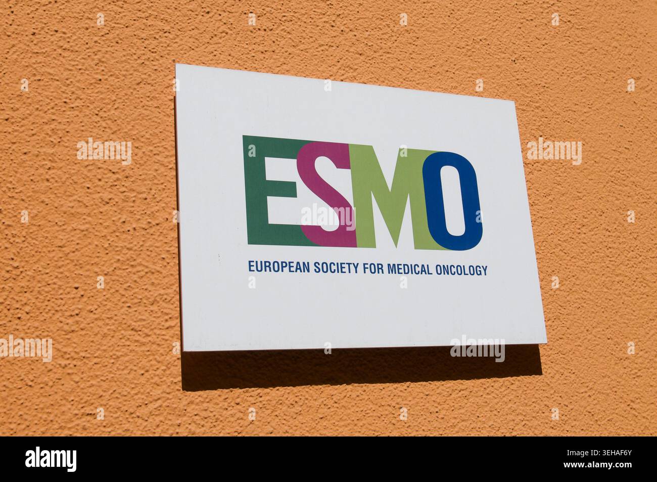 Lugano, Ticino, Svizzera - 12 maggio 2026: Primo piano del segno e logo ufficiale dell'ESMO (società europea di Oncologia medica). Foto Stock