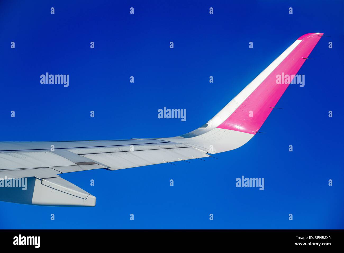 Ala degli aeroplani in volo con livrea blu e cremisi contro il cielo e lo sfondo di terra Foto Stock