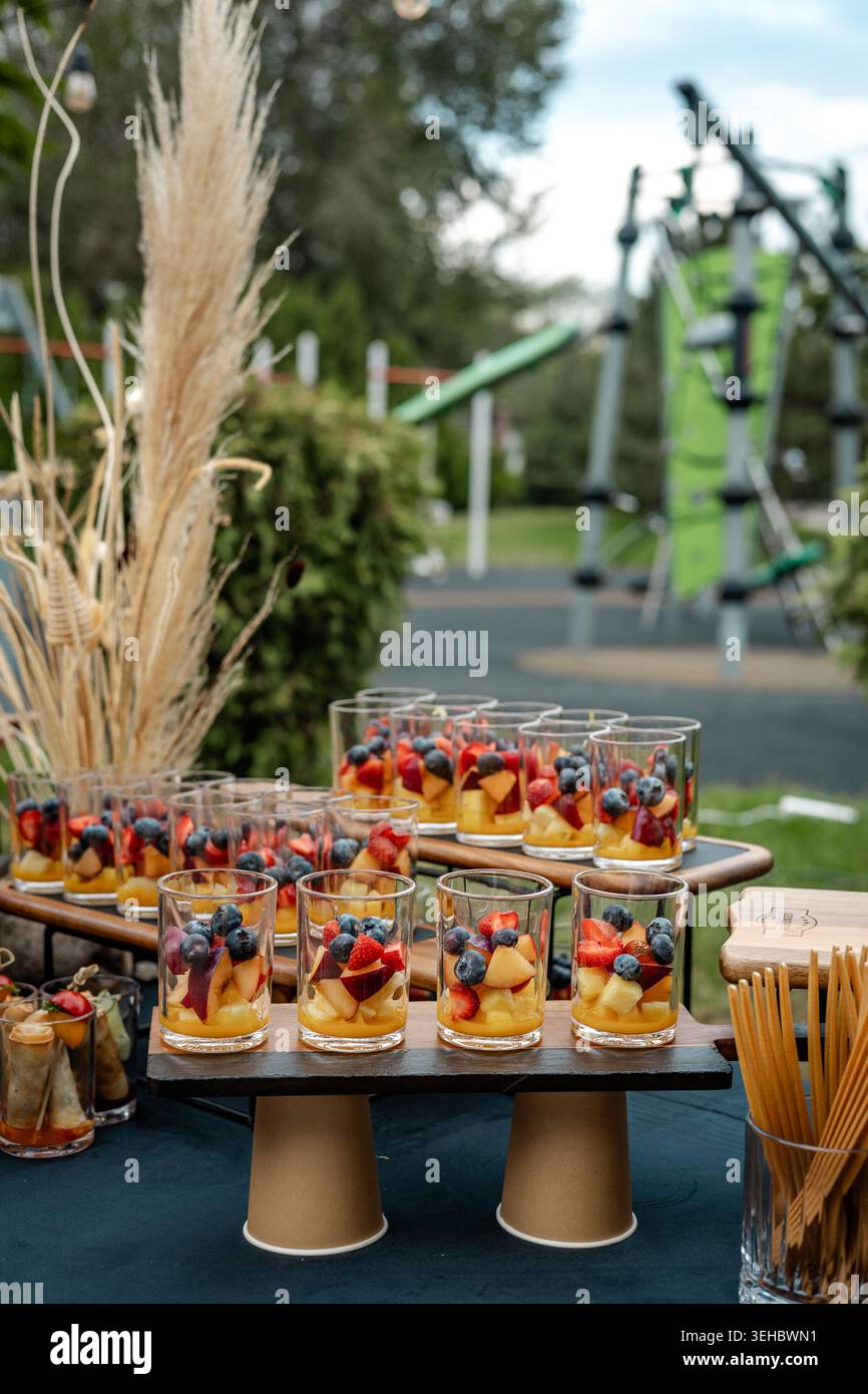 Strati di frutti di bosco freschi e frutta gialla disposti in bicchieri trasparenti su vassoi neri da portata. Ideale per promuovere feste salutari per bambini e attività all'aperto Foto Stock