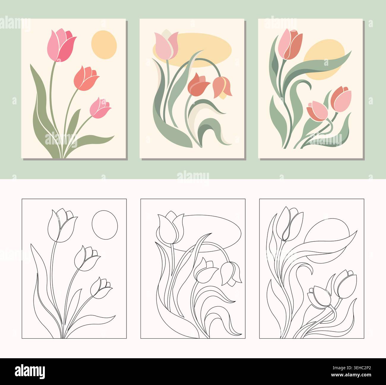 Set di arte murale botanica Tulipano con disegni floreali e illustrazioni di fiori pastello Illustrazione Vettoriale