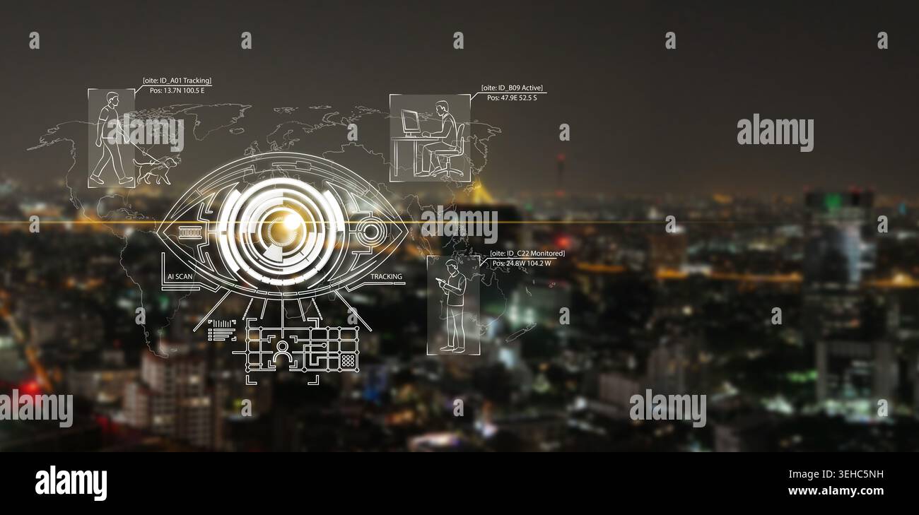 L'occhio di sorveglianza DELL'INTELLIGENZA ARTIFICIALE scansiona le persone sullo skyline della città e sulla mappa del mondo. Monitoraggio globale, stato di sorveglianza, riconoscimento facciale, rischio per la privacy, Foto Stock
