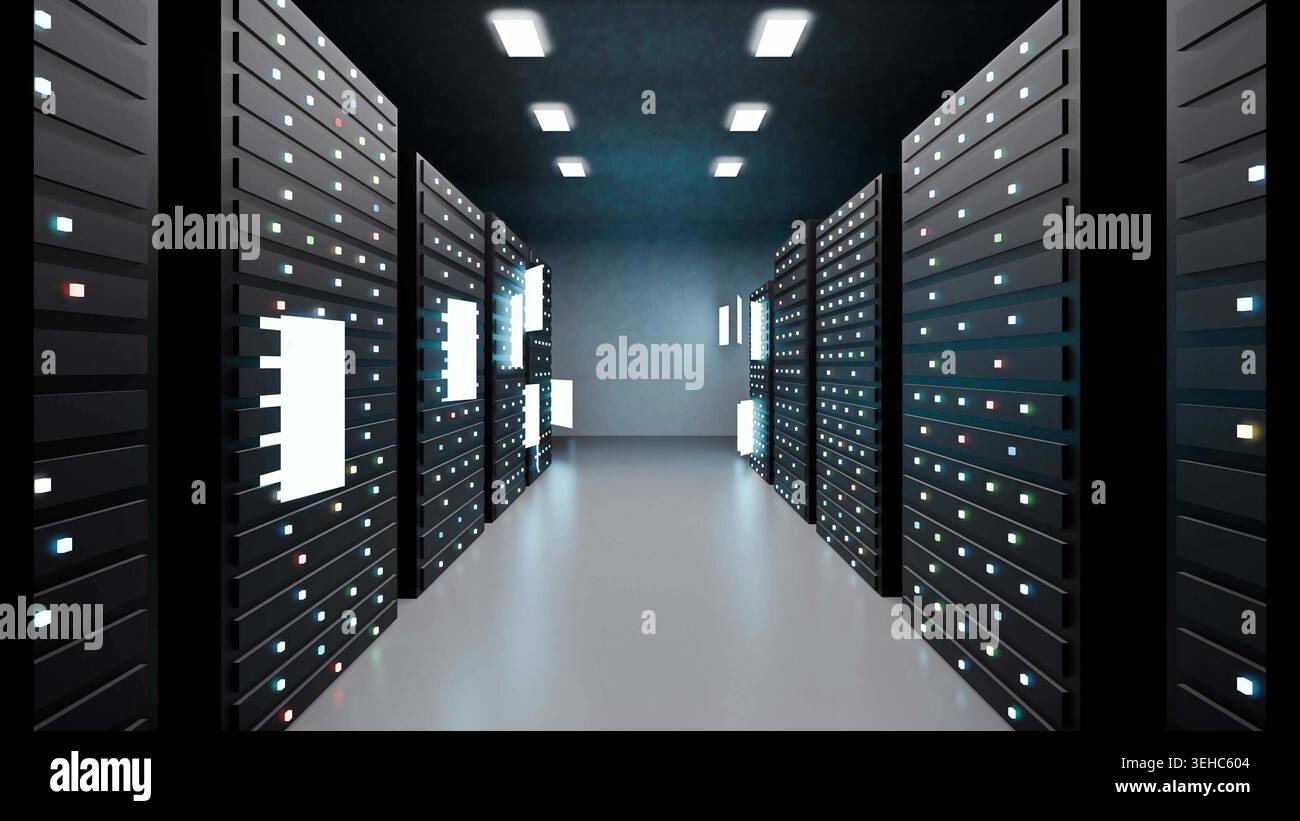Server per data center computer con apprendimento automatico esegue il rendering 3d. Foto Stock