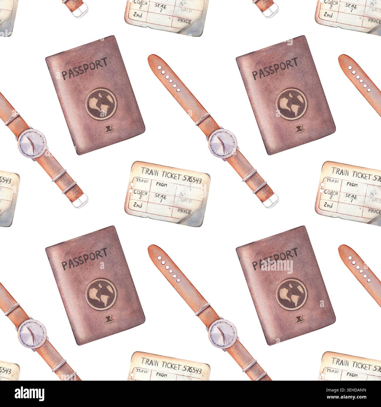 Passaporto, biglietto del treno d'epoca, orologio da polso con motivo senza cuciture. Illustrazione ad acquerello dipinta a mano isolata su bianco per temi di viaggio, branding, design Foto Stock