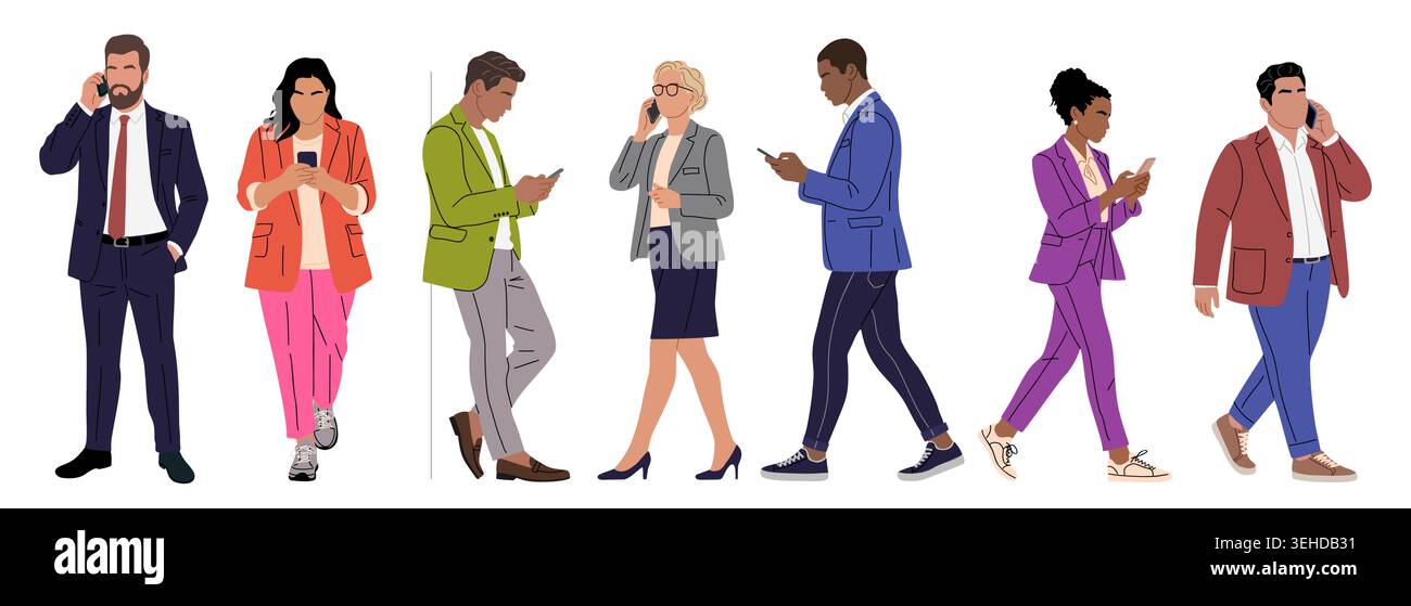 Persone d'affari moderne e diversificate che utilizzano smartphone Illustrazione Vettoriale