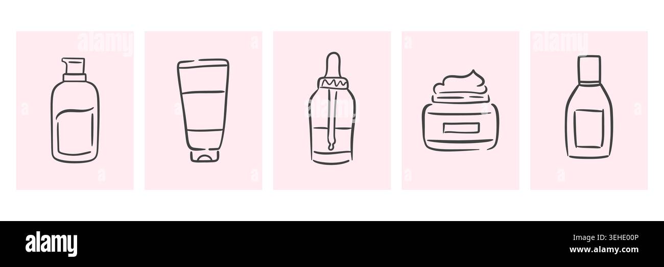 Set completo di prodotti per la cura della pelle in stile pulito Illustrazione Vettoriale