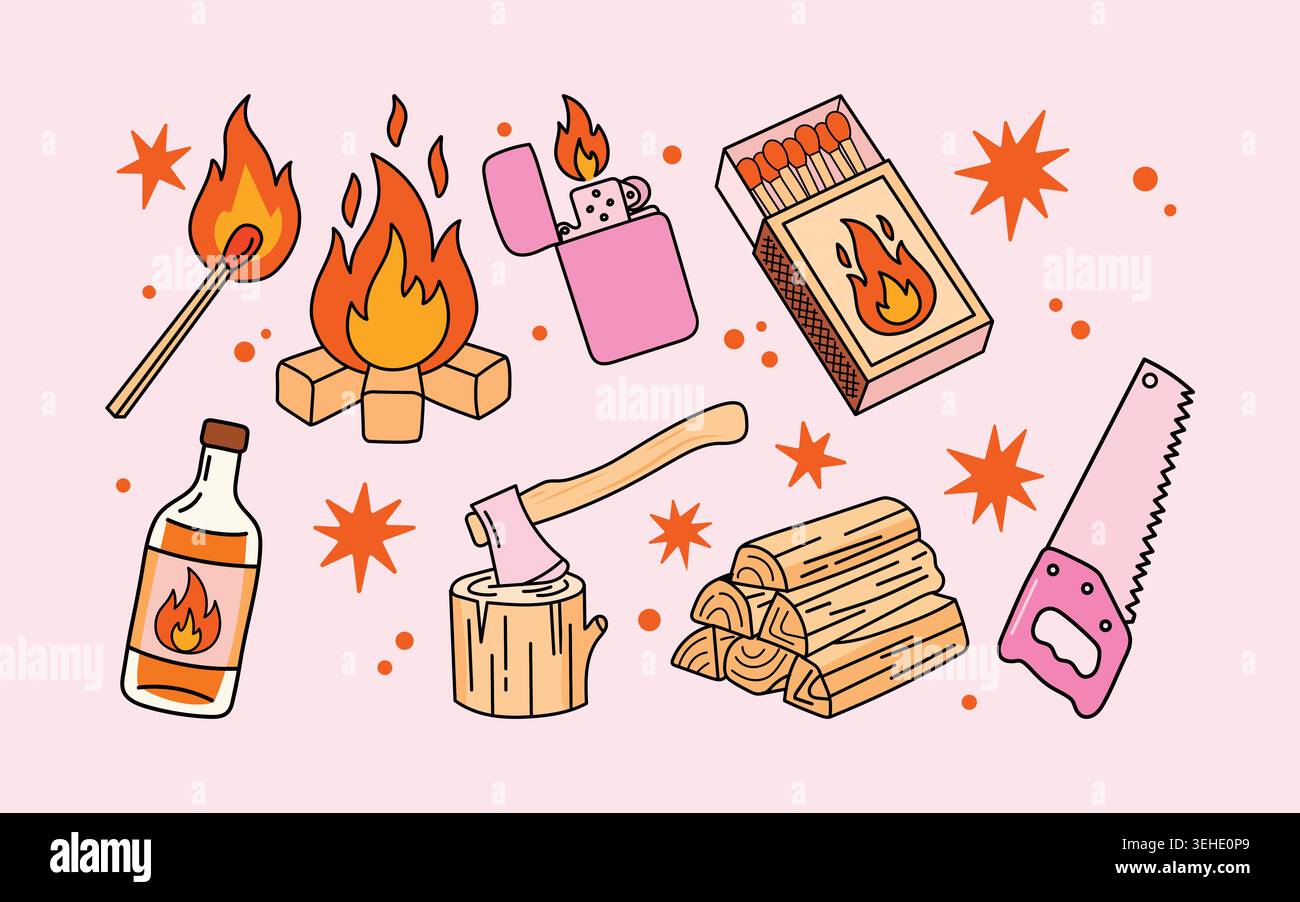 Set vettoriale di attrezzature da campeggio e antincendio raccolta di falò, fiammiferi, accendini, ascia, legna da ardere, sega e bottiglia di carburante per attività all'aperto Illustrazione Vettoriale