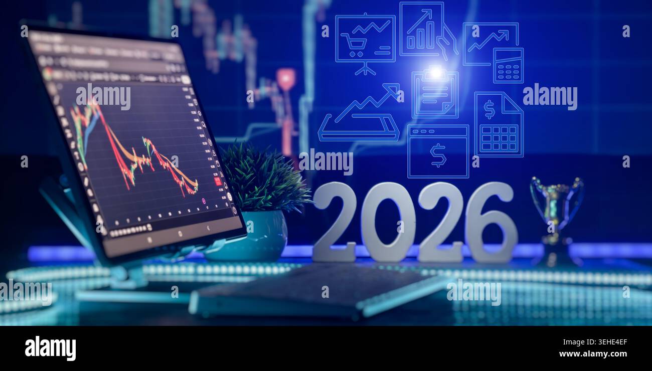 Pianificazione degli investimenti e prospettive di mercato della tecnologia finanziaria per il 2026 con la schermata Trading tablet Foto Stock