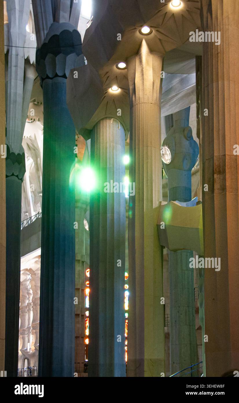 Barcellona, Spagna. 8 gennaio 2011, gli interni della Sagrada Familia mostrano le colonne di gaudí e la luce colorata Foto Stock