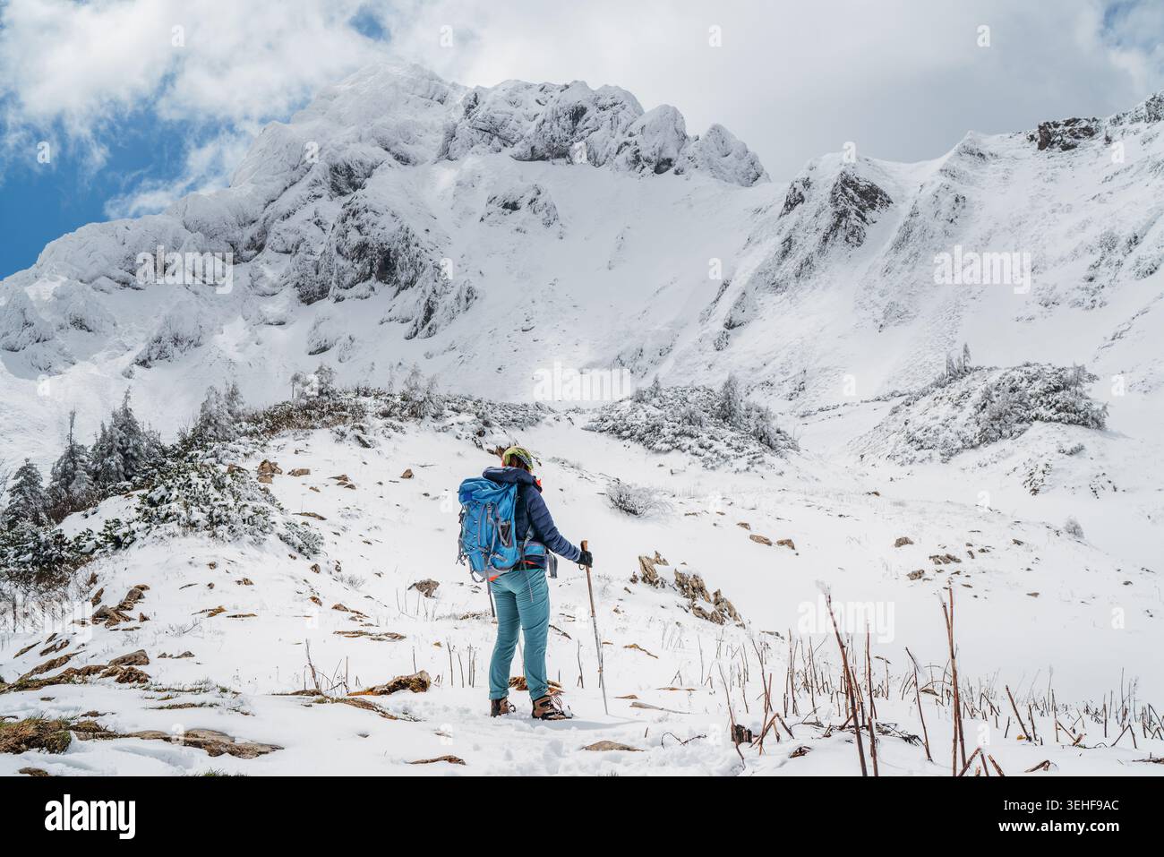 Escursionista femminile con zaino blu e bastoncini da trekking in piedi da dietro e godendo della vista del maestoso monte Eisenerzer Reichenstein in Austria Re Foto Stock