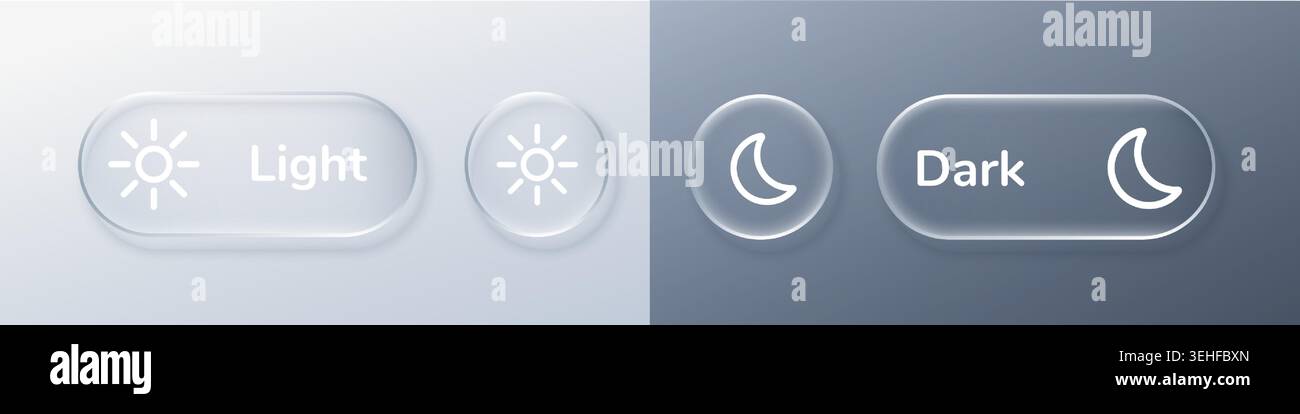 Impostazione del pulsante della modalità giorno e notte. Pulsanti di commutazione della modalità luce e buio per la progettazione dell'interfaccia utente. interfaccia utente vettoriale pulsante per vetro Sun AM e barra della luna di commutazione. Illustrazione Vettoriale