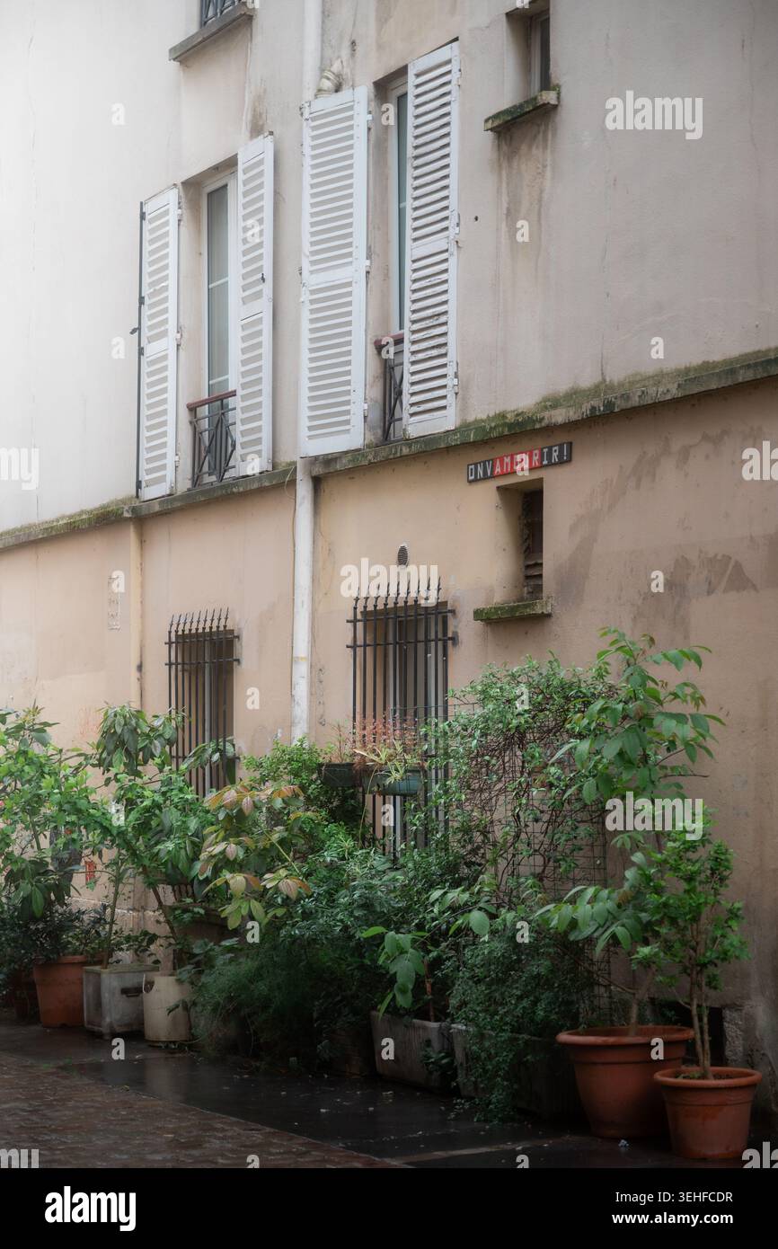Piante in vaso e finestre con persiane su una facciata residenziale Haussmann in una tranquilla via del cortile, Parigi, Francia, primavera 2026. Foto Stock