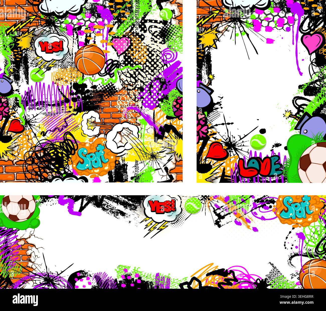 Un set di cornici alla moda per giovani di strada con graffiti. Sfondo sportivo per graffiti senza cuciture . Disegnato a mano. Non ai, illustrazione vettoriale. Illustrazione Vettoriale
