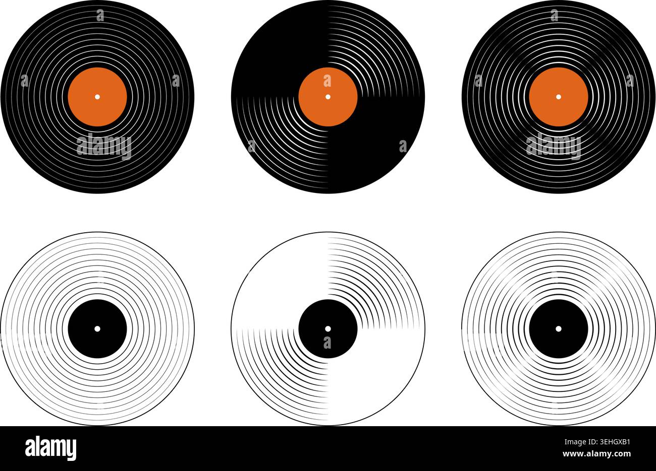 Set di piastre in vinile. Dischi di musica LP per grammofono isolati su sfondo bianco. Dischi DJ per techno party. anni '70 anni '80 anni '90 concetto di nostalgia discoteca. Illustrazione piatta vettoriale. Illustrazione Vettoriale