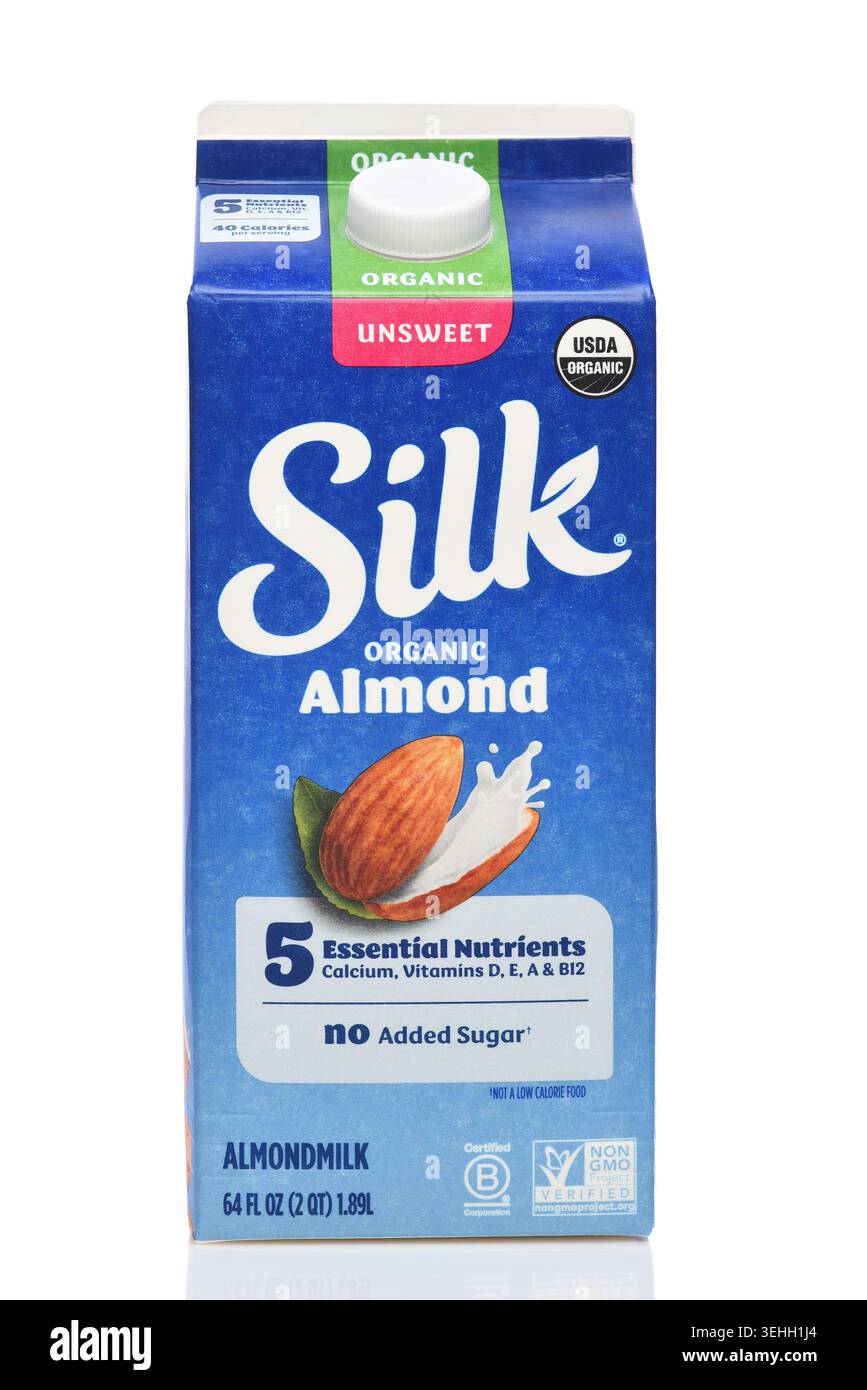 IRVINE, CALIFORNIA - 22 MAGGIO 2026: Un cartone di Seta Unsweetened Organic Almondmilk. Foto Stock