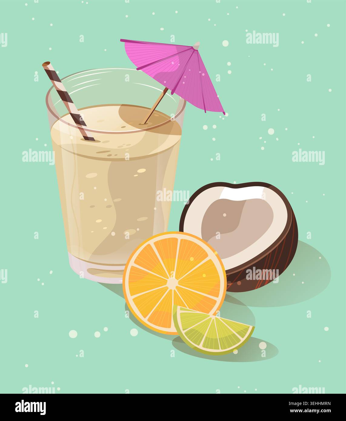 Drink tropicale estivo arancio cocco calce bevanda rinfrescante con paglia e ombrello sfondo pastello modello piatto Illustrazione Vettoriale