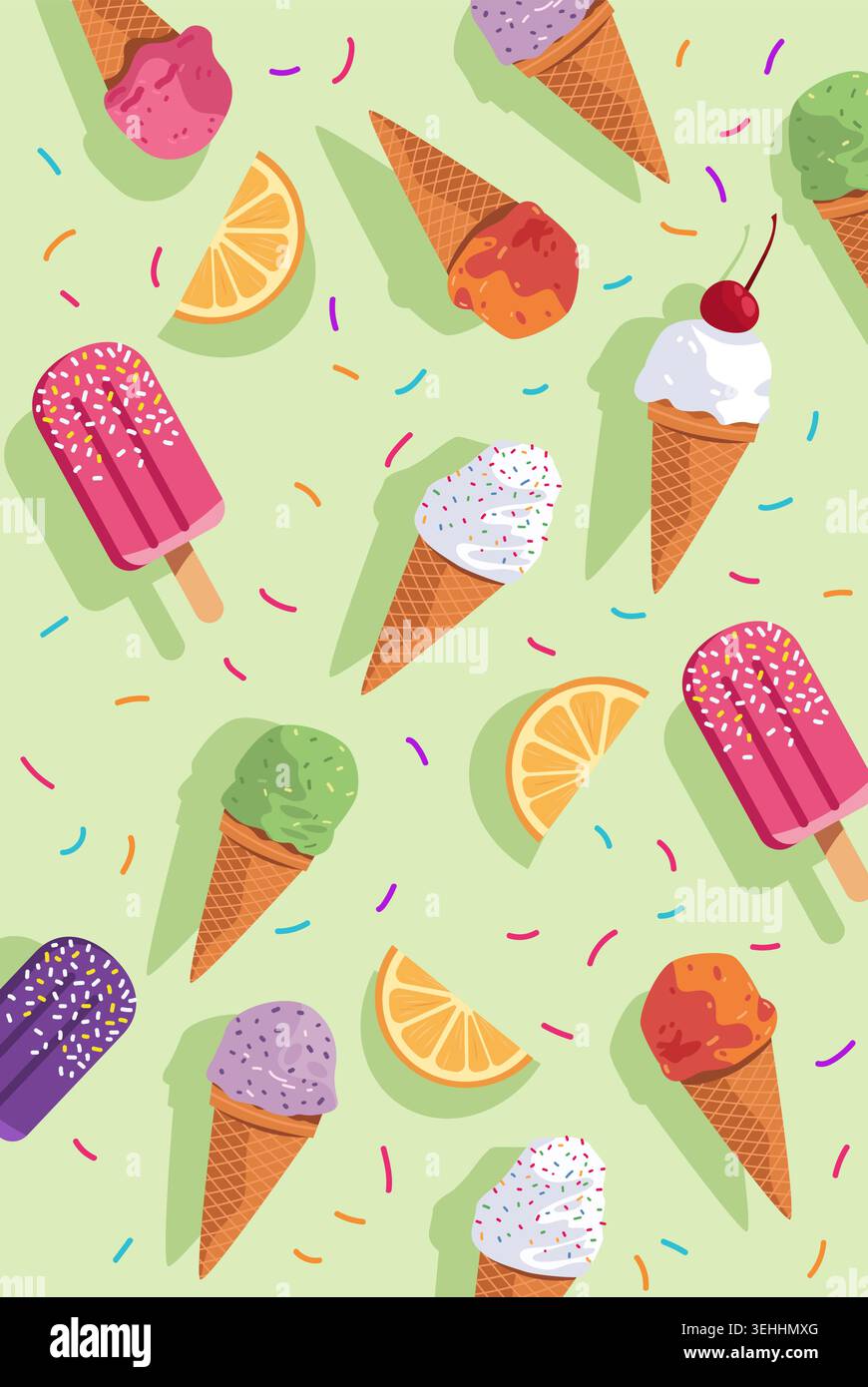 Coni per gelato popsicles delizie estive con motivo senza cuciture dolci colorati e congelati fette di agrumi spruzzano lo sfondo verde pastello Design divertente Illustrazione Vettoriale