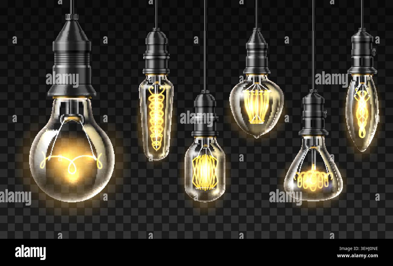 Lampadine realistiche in stile loft. Modelli 3D di lampadine Edison brillanti. Design steampunk vintage. Vari tipi di filamenti e forme di lampade. Rimanete in attesa Illustrazione Vettoriale
