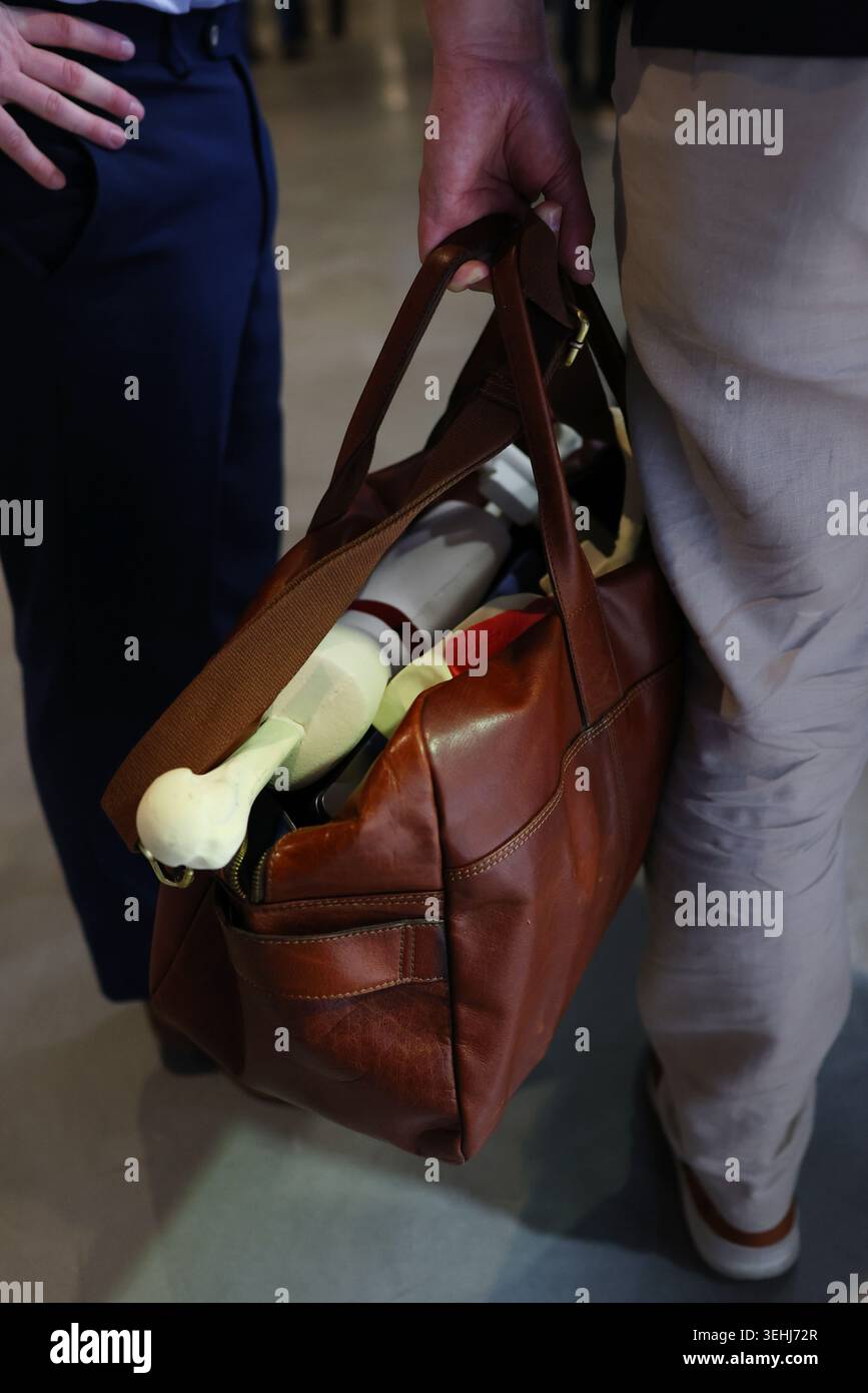 Borsa in pelle con modelli ossei ortopedici trasportati da medico specialista durante la presentazione, la formazione in chirurgia trauma e l'educazione ortopedica. Foto Stock