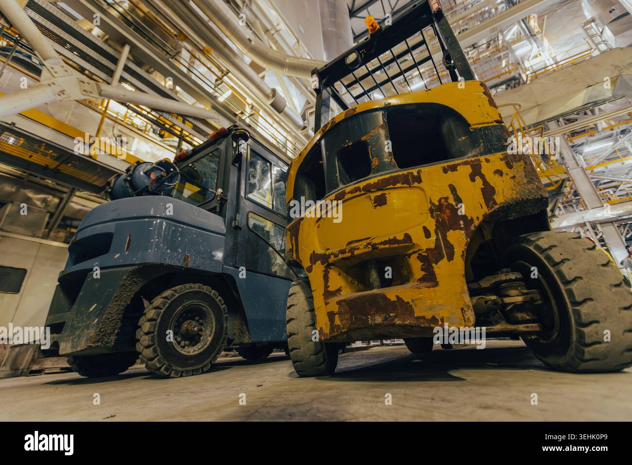Due carrelli elevatori, uno blu e uno giallo usurato, si trovano fianco a fianco all'interno di un impianto industriale con travi metalliche, tubi e strutture sopraelevate. Foto Stock