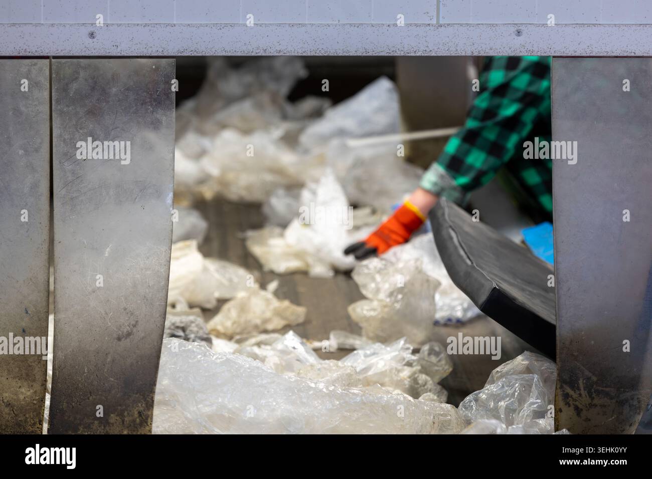 Riciclo dei lavoratori che selezionano i materiali di scarto plastici su un nastro trasportatore all'interno di un impianto di trattamento industriale. Processo di separazione manuale Foto Stock