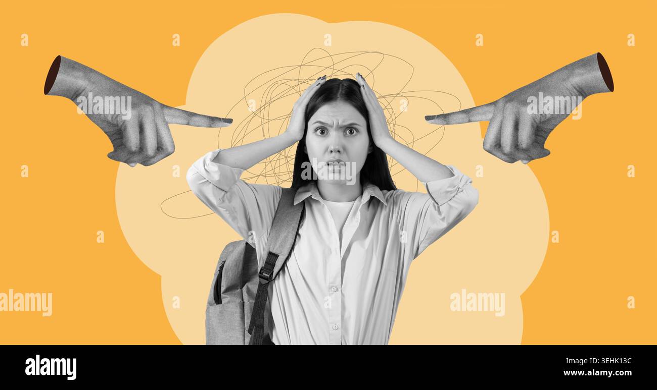 Raccolta di sentimenti e pensieri rappresentati in un collage che mostra confusione e stress Foto Stock
