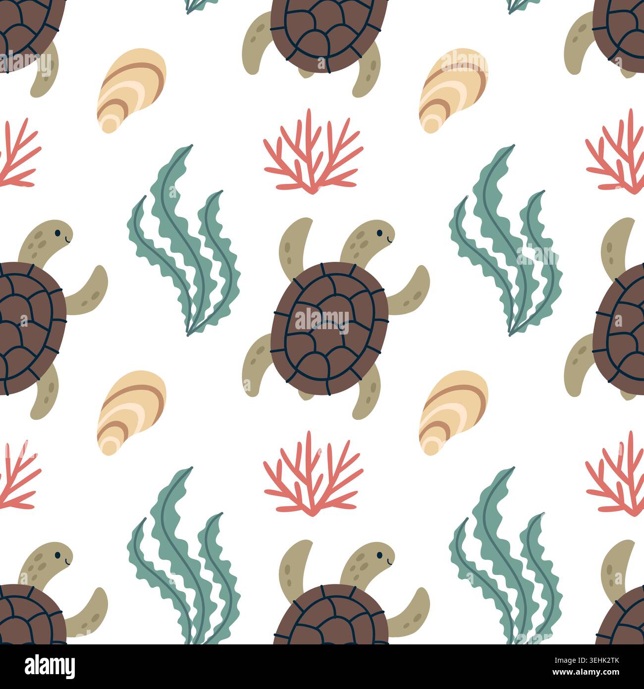 Motivo senza cuciture per tartarughe marine con simpatici animali marini alghe e corallo su sfondo bianco per tessuti e cuccioli per bambini Illustrazione Vettoriale