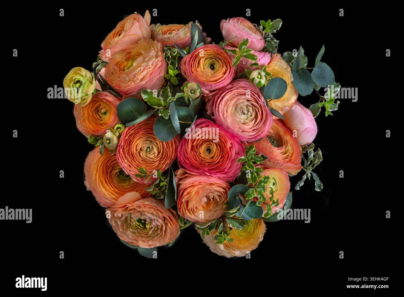 Un bouquet di tazze persiane arancioni, rosa e gialle con eucalipto e fogliame variegato. Foto Stock
