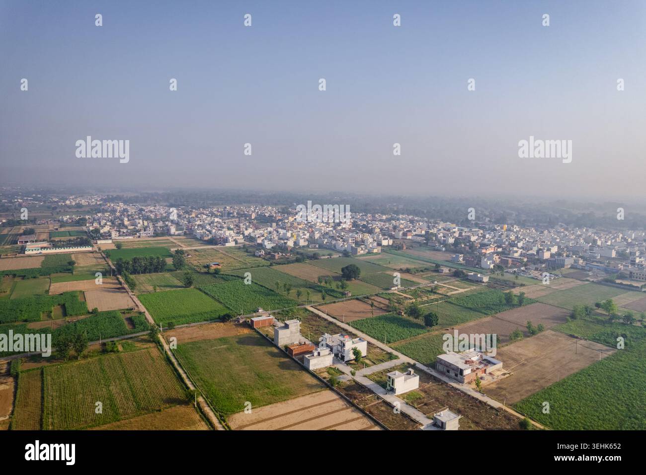 Vista aerea dell'insediamento urbano circondato da lussureggianti campi agricoli e paesaggi rurali sotto un cielo limpido Meerut, Uttar Pradesh, India. Foto Stock