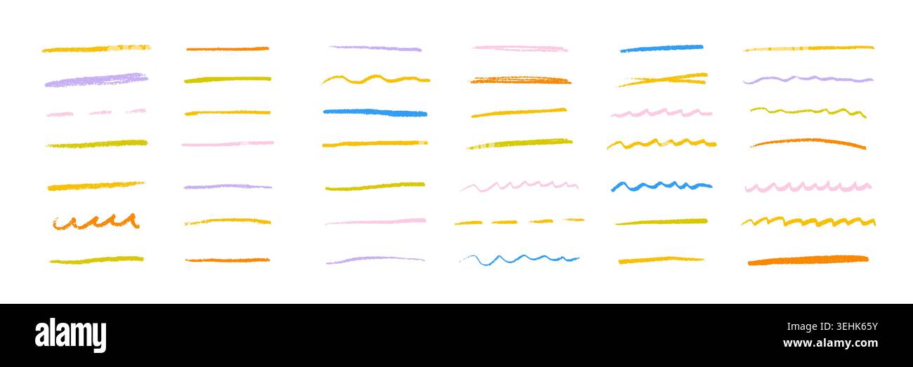 Le linee di evidenziazione colorate del crayon sono isolate su sfondo bianco. Pennellate tracciate a mano, elementi sottolineati dello schizzo e pennelli a doodle pastello per note, decorazioni e design creativo. Illustrazione Vettoriale