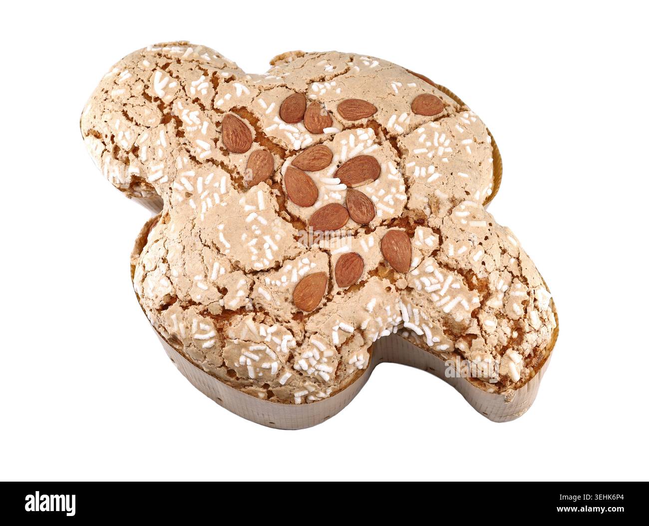 Colomba Pasquale, tipica torta pasquale italiana. Il nome significa colomba di Pasqua in lingua inglese, a causa della sua forma. Sfondo bianco, vista dall'alto. Foto Stock