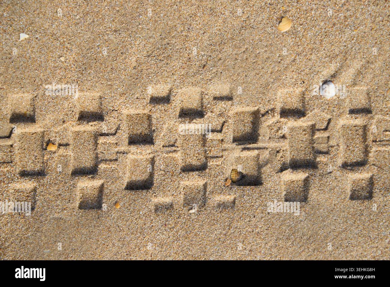 Impronta di pneumatici per auto su spiaggia sabbiosa Foto Stock