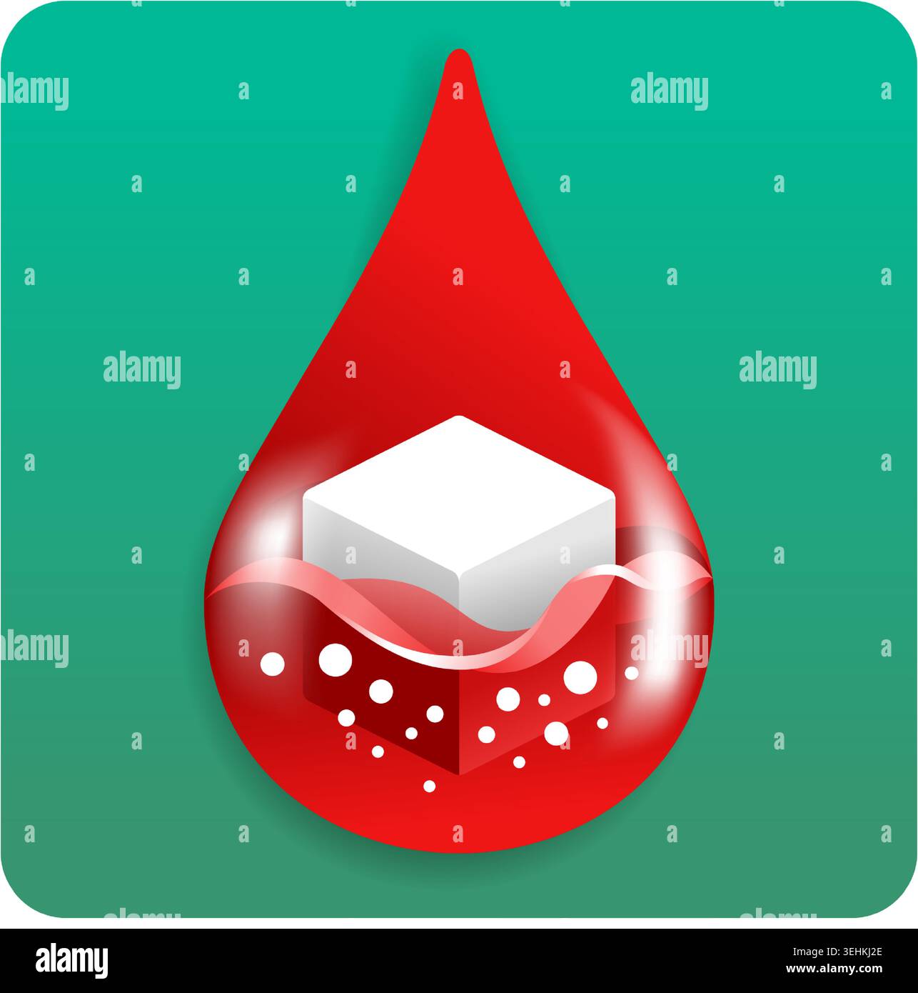 Icona quadrata del diabete - cubo di zucchero che si dissolve all'interno della goccia di sangue - segno di livello di glucosio alto - simbolo medico antidiabetico vettoriale isolato Illustrazione Vettoriale