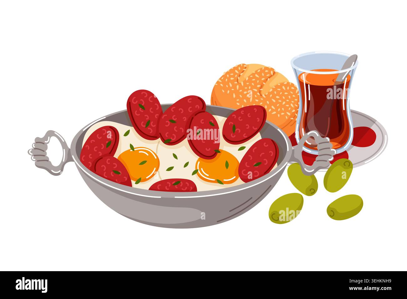Colazione tradizionale turca con uova fritte, sucuk, olive, pane pogaca e tè in un bicchiere in stile cartone animato. Illustrazione Vettoriale