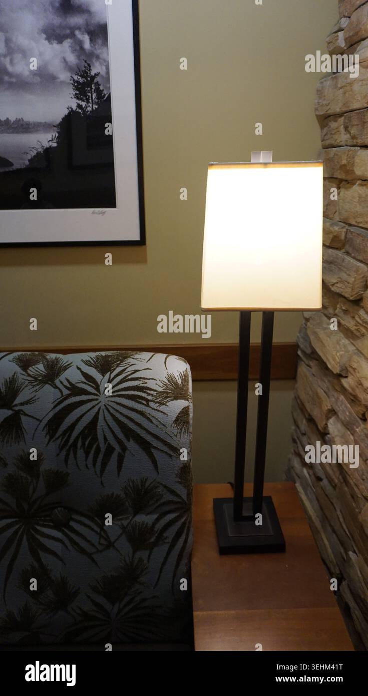 Lampada da tavolo moderna e divano a motivi geometrici Foto Stock