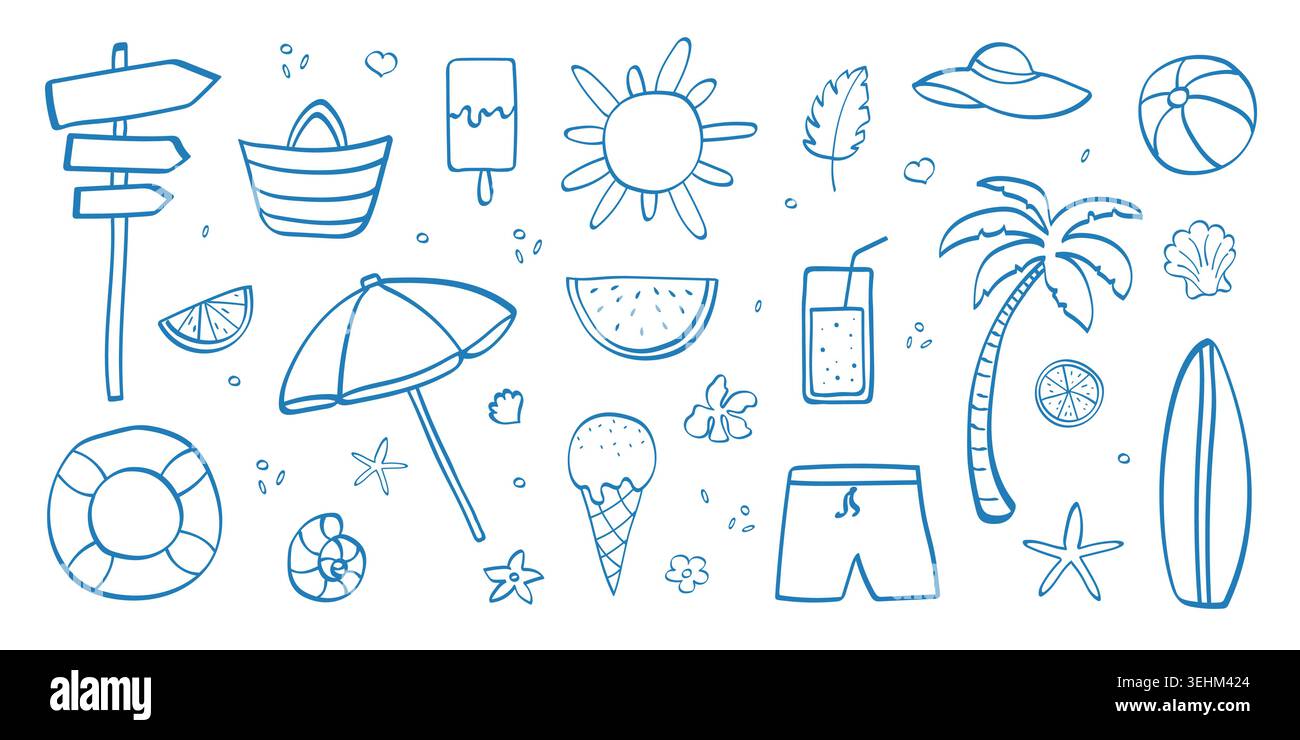 Set illustrativo disegnato a mano per le vacanze estive. Graziose icone della spiaggia con palma, frutta, gelato, ombrellone, conchiglia, cocktail. Illustrazione Vettoriale