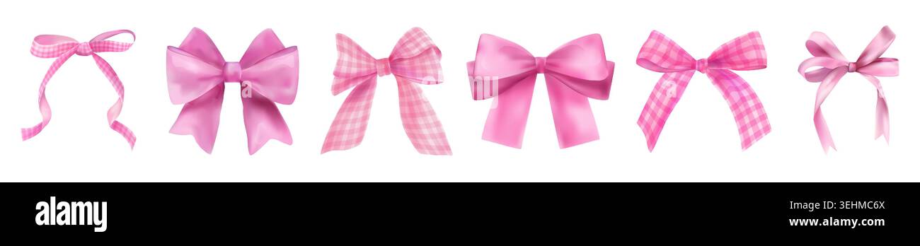 Archi rosa. Nastro con cravatta acquerello, motivo rosa coquette o bellissimo adesivo vintage in pizzo femminile. Grazioso regalo rétro in raso. Decorazioni in tessuto per matrimoni o compleanni elementi isolati. Set realistico vettoriale Illustrazione Vettoriale