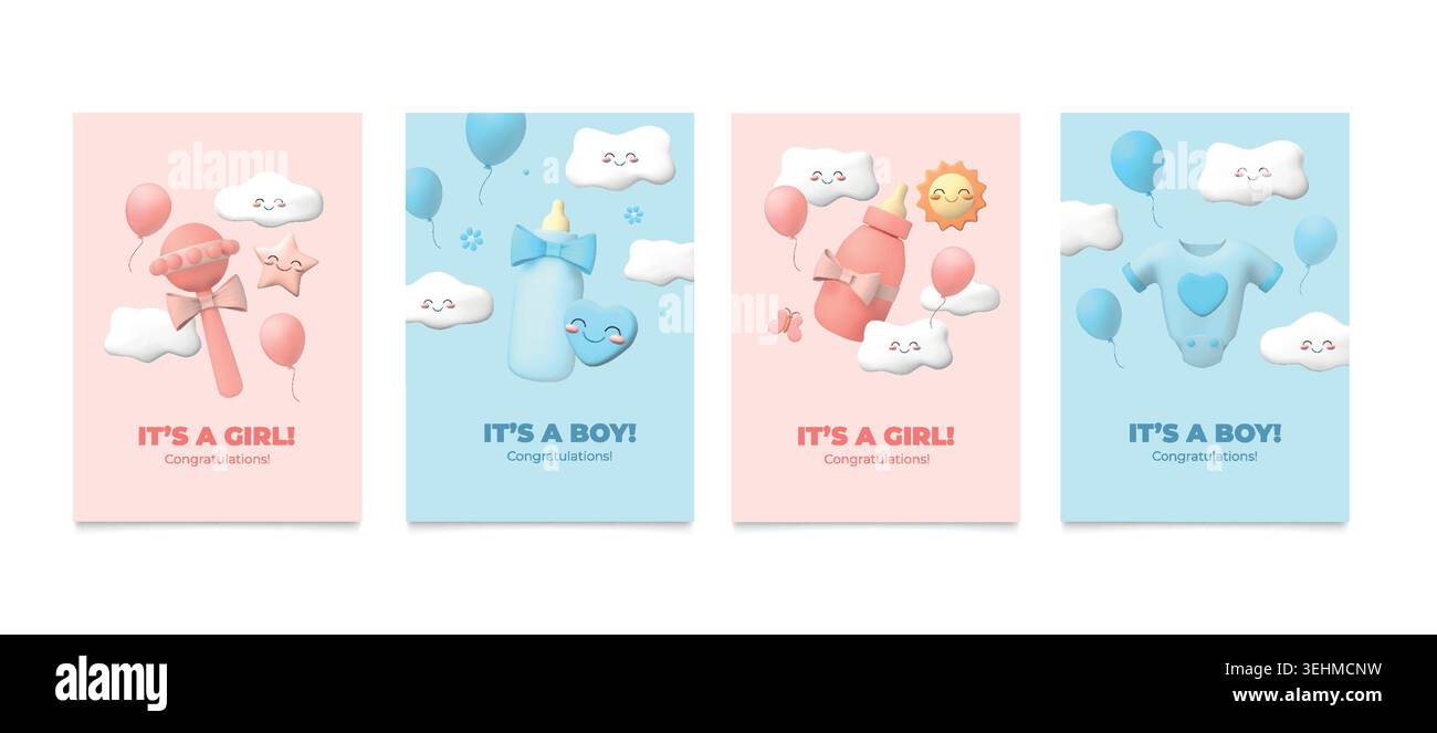 Biglietto per bambini o ragazze. poster verticali 3d per la doccia del bambino, il compleanno del bambino appena nato o il grazioso annuncio di nascita. Striscione di benvenuto nato. Invito e saluto alla festa. Sfondo vettoriale celebrazione bambini Illustrazione Vettoriale
