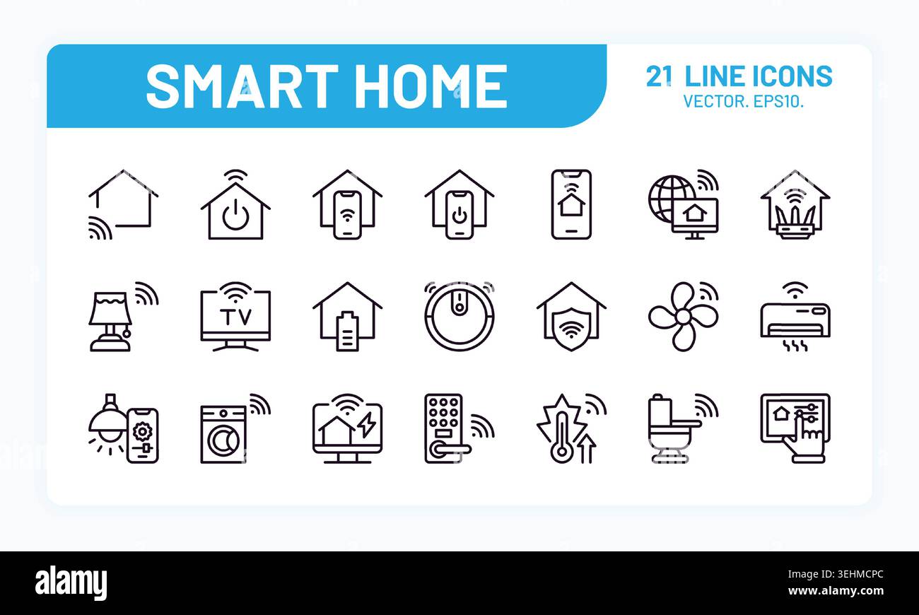 Set di icone Smart Home. Automazione domestica WIFI tramite sistema telefonico Internet, presa di controllo wireless grafica remota di rete e porta. Logo app minimale per smartphone. Design isolato vettoriale con pittogramma applicativo Illustrazione Vettoriale