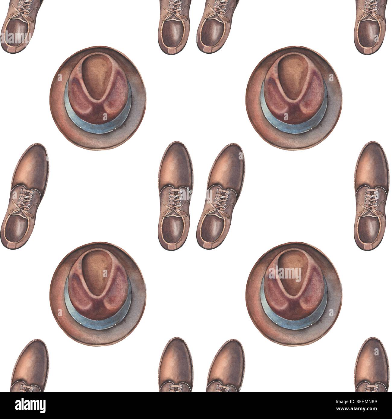 Stivali da uomo in pelle marrone, motivo cappello senza cuciture. Illustrazione ad acquerello dipinta a mano isolata su bianco per gli uomini, marchio di viaggio, stampa Foto Stock