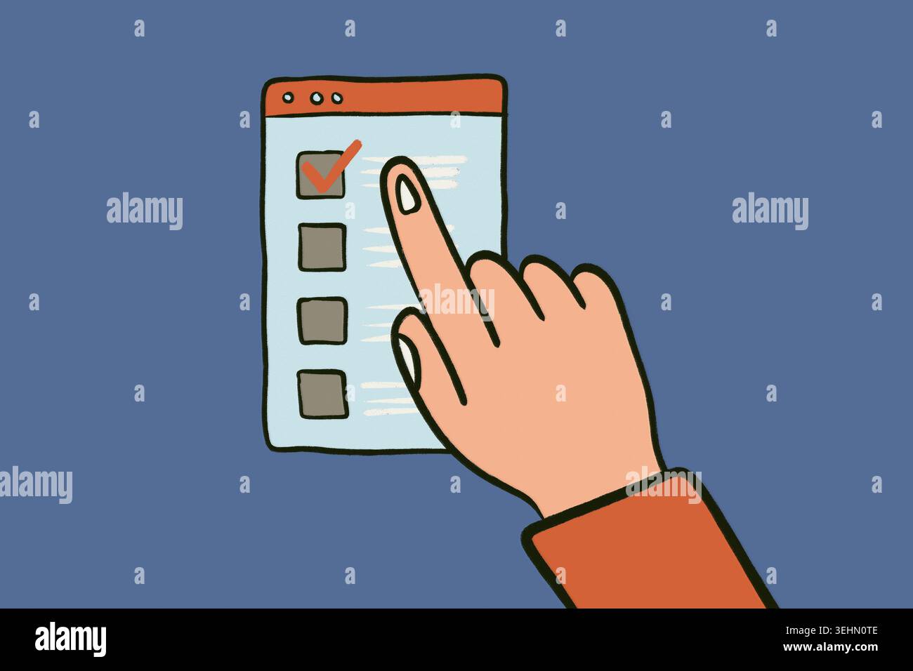 Mano illustrata che tocca un segno di spunta su una lista di controllo online, simboleggia il voto, la democrazia e la partecipazione alle elezioni, il voto elettronico, il dovere civico, e. Foto Stock