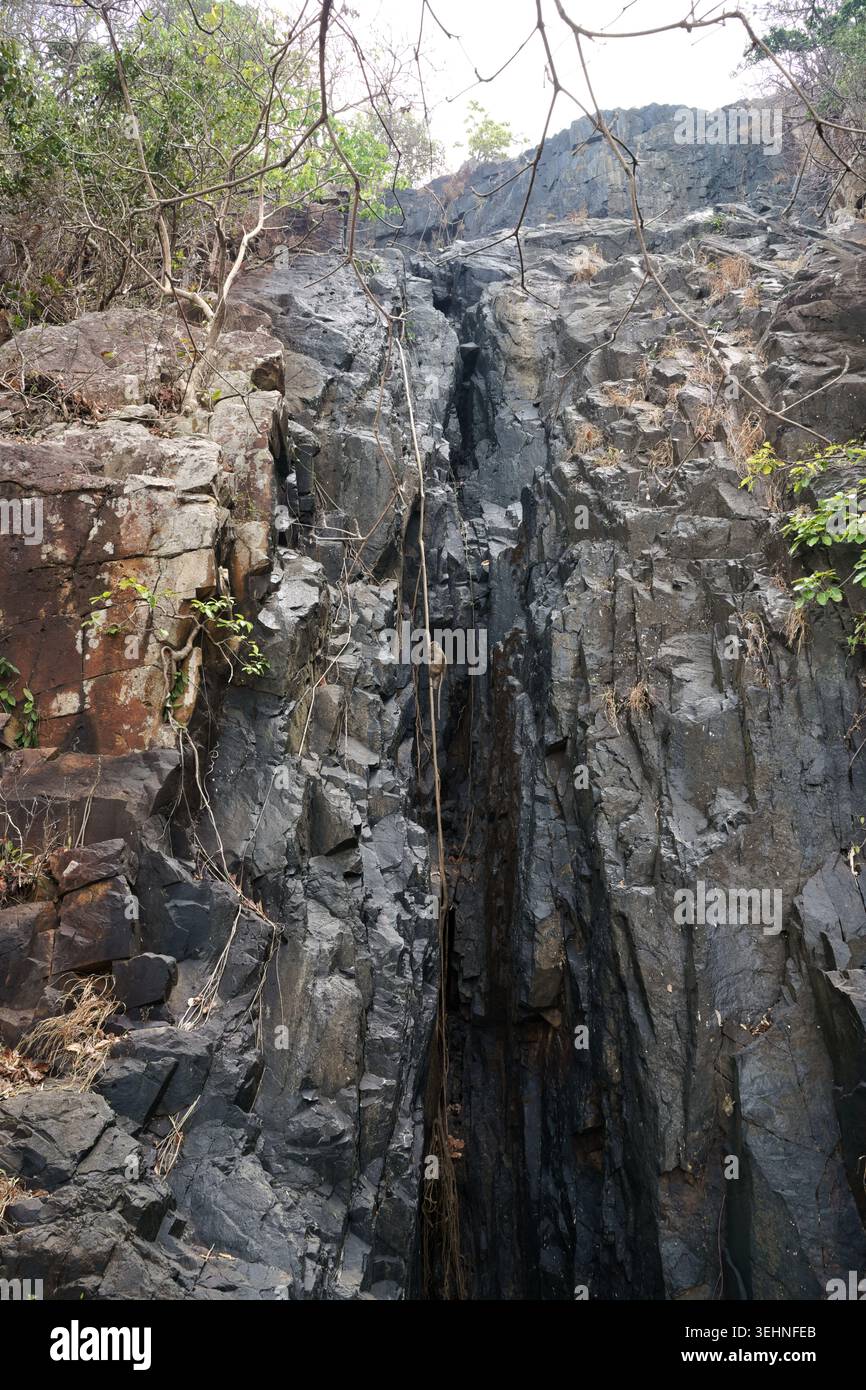 Una ripida, scura parete rocciosa in Vietnam con viti e vegetazione sparsa aggrappata alla pietra Foto Stock