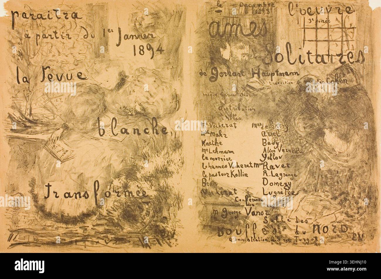 La Revue Blanche Transformed and Solitary Souls di Édouard Jean Vuillard, 1893, raffigurante figure bozze e nomi scritti a mano in una pubblicazione letteraria Foto Stock
