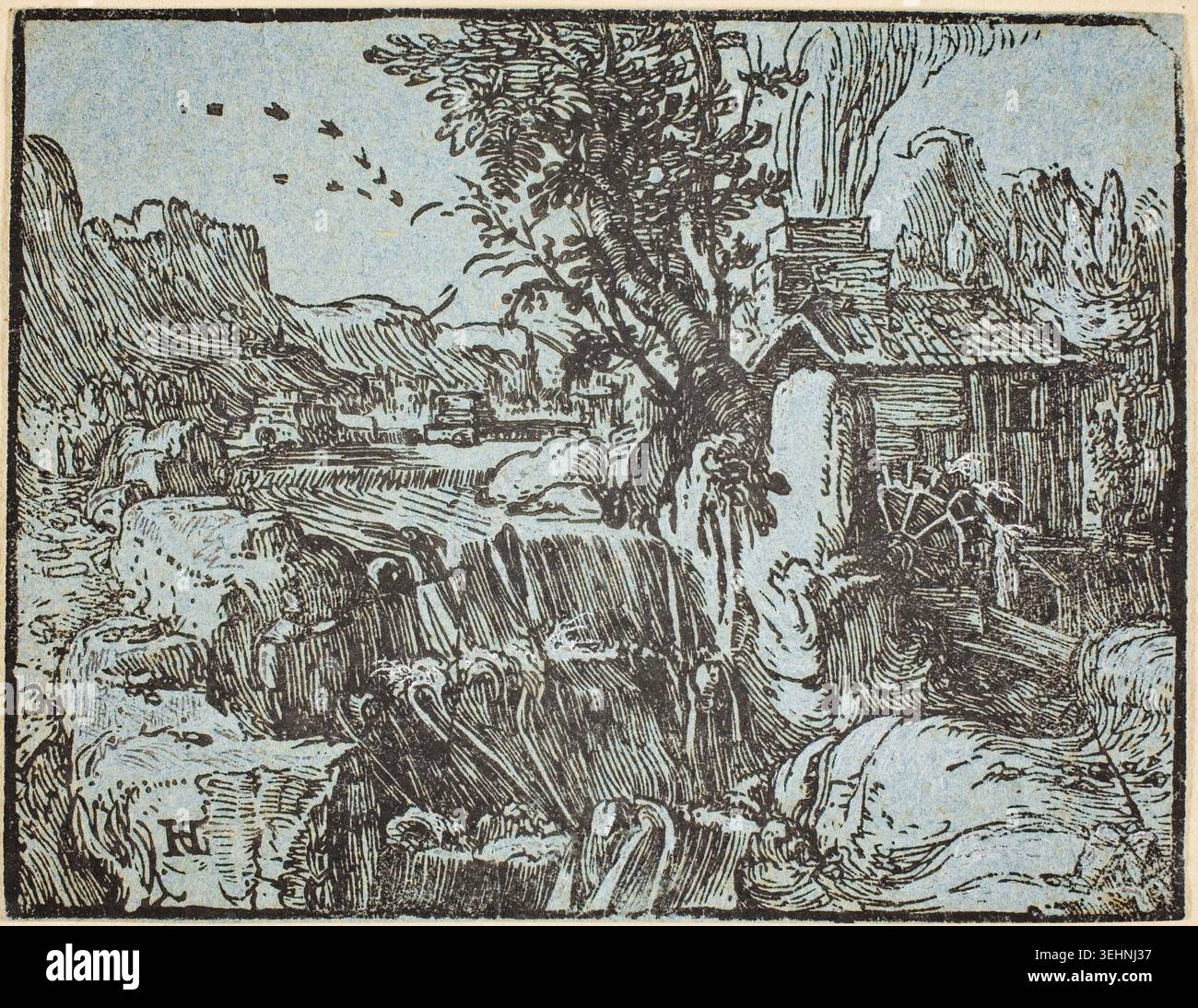 Paesaggio con una cascata di Hendrik Goltzius, 1597–1600, raffigurante un pescatore che lotta contro la forza di una cascata in un lussureggiante ambiente boschivo Foto Stock