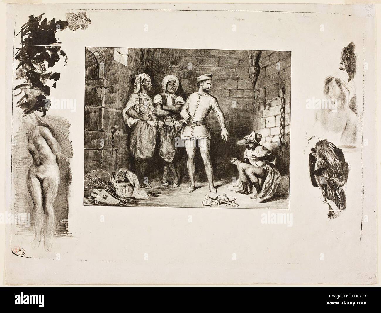 Fronte-boeuf e l'ebreo, da Ivanhoe di Eugène Delacroix, 1829, raffigurante un confronto teso tra figure armate e personaggi seduti in una camera di pietra Foto Stock