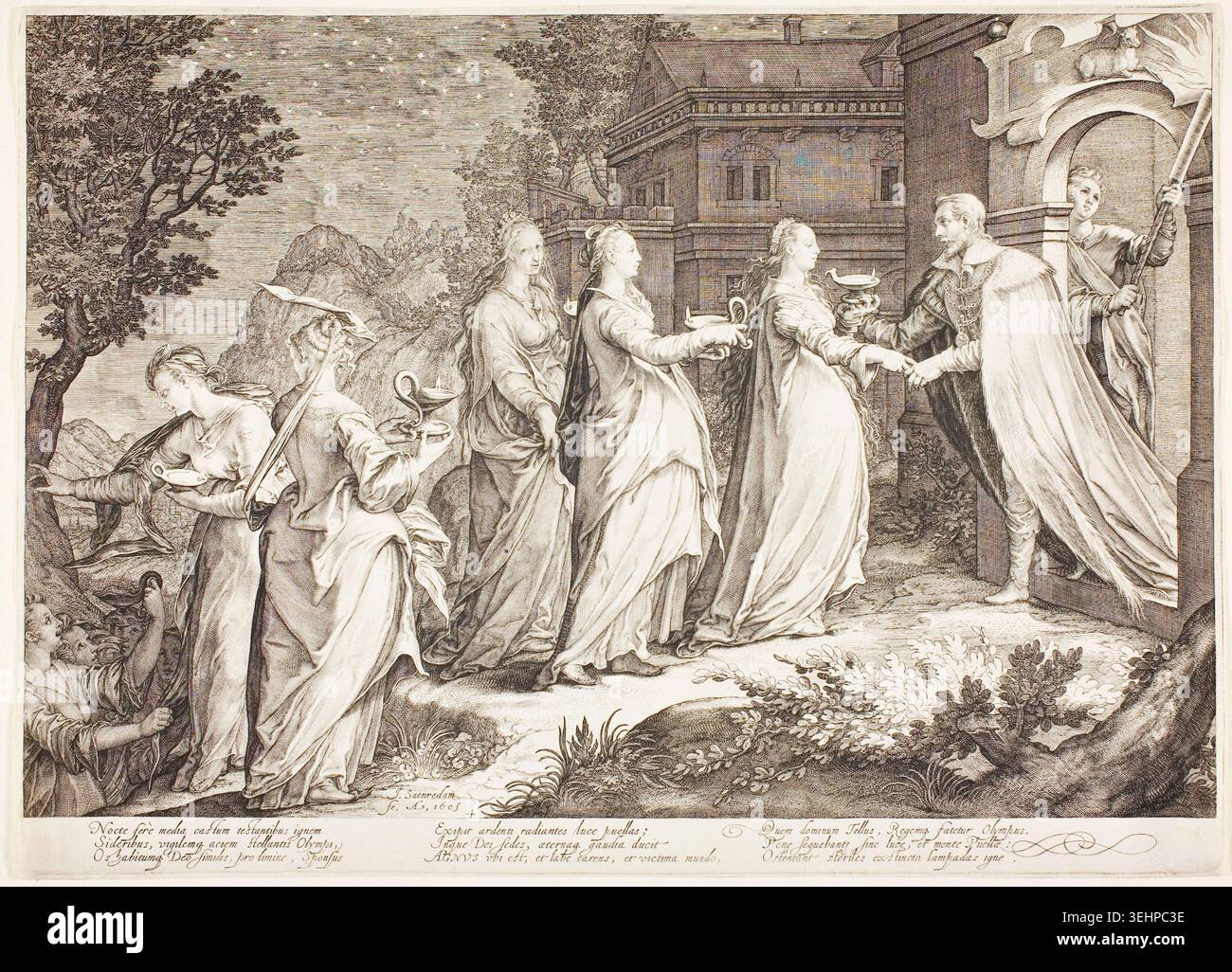 Placca quattro, da Five Wise e Five Foolish Virgins di Jan Saenredam, 1606, raffigurante figure vergini in abito classico che si avvicinano a una struttura sontuosa, con angeli e assistenti in un giardino Foto Stock