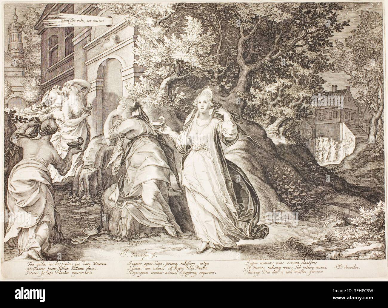 Piastra cinque, da Five Wise and Five Foolish Virgins di Jan Saenredam, 1606, raffigurante le vergini sciocche escluse da una festa di nozze dopo essere tornate troppo tardi con le loro lampade a olio rifornito Foto Stock