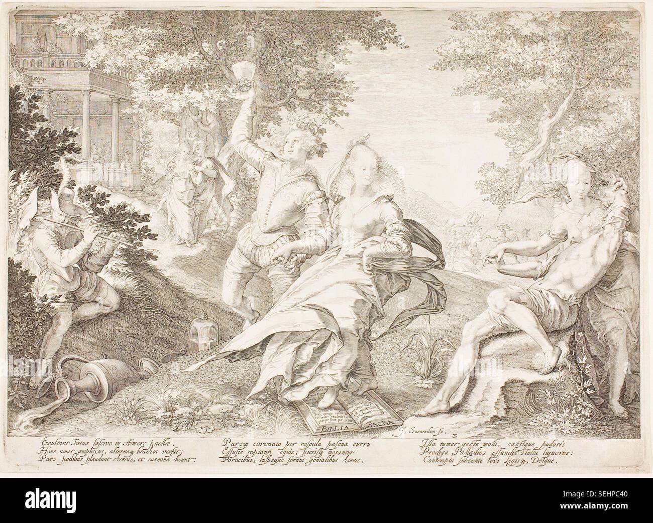 Piastra due, da cinque saggi e cinque pazze Vergini di Jan Saenredam, 1606, raffigurante figure allegoriche femminili in un paesaggio di giardini con architettura classica e putti assistente Foto Stock